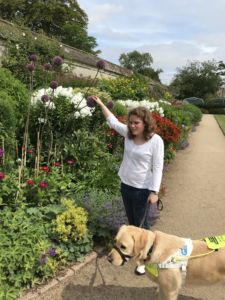 Harriet and Guide Dog Sparky touching some purple flowers in a garden