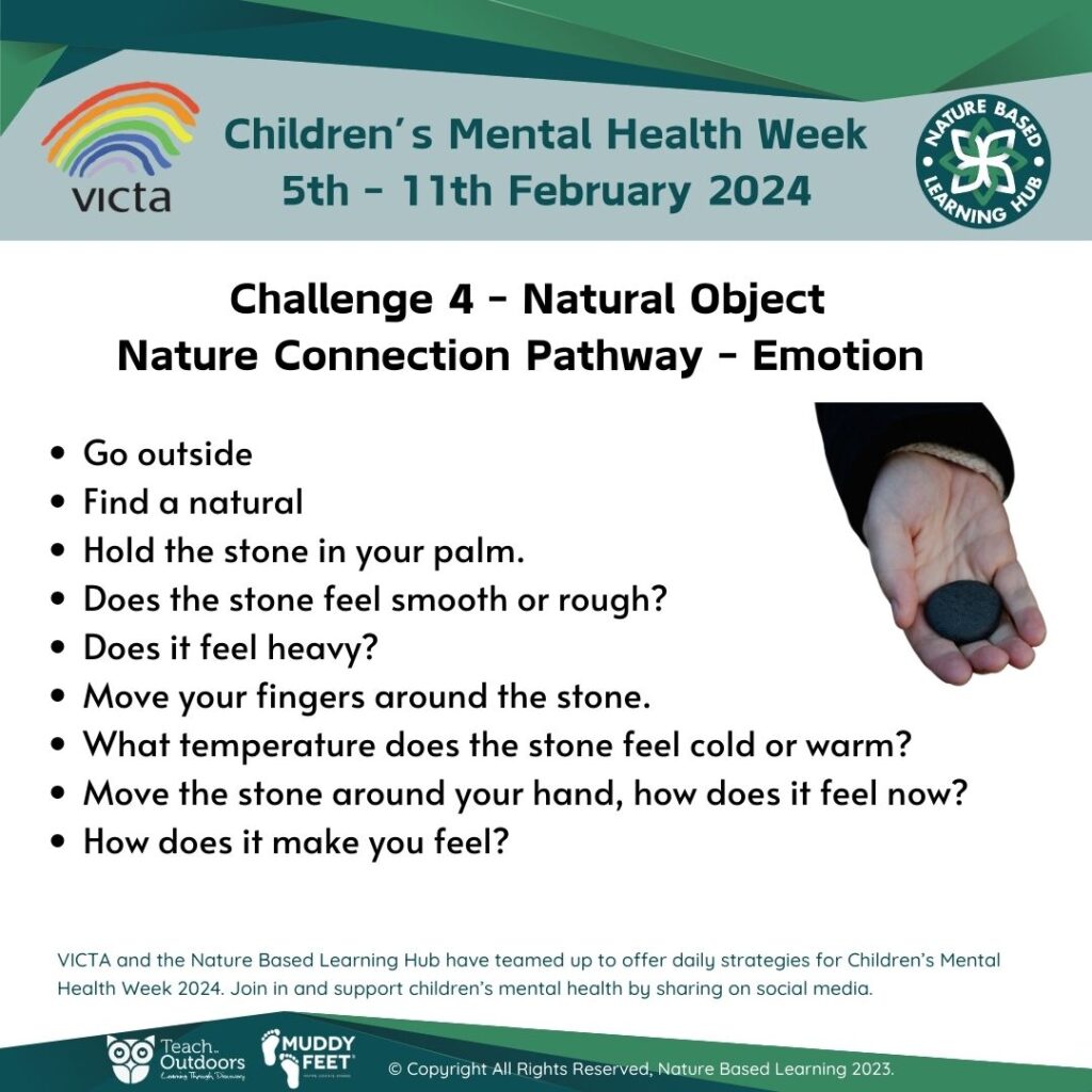 Challenge 4
Natural Object

Go outside
Find a natural
Hold the stone in your palm
does the stone feel rough or smooth
Does it feel heavy 
Move your fingers around the stone
What temperature is the stone
Move the stone around your hand how does it feel now
How does it make you feel